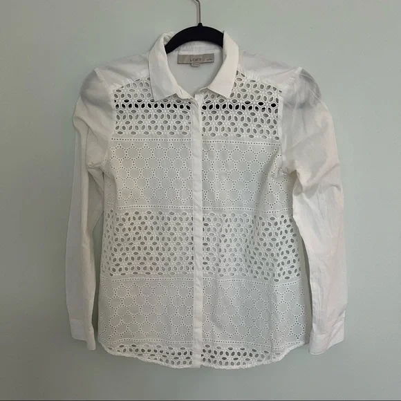 LOFT Tops White Lace Cut Out Loft Button Down Cotton Poshmark - Main Image